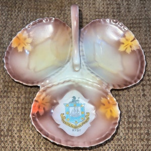 Lovely Antique Porcelain Isle of Wight Ryde England Tri-Serving Dish with Coat of Arms and Leaves