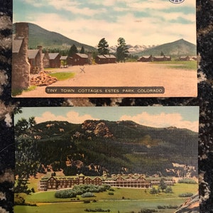 2 belles cartes postales anciennes en lin représentant les chalets d'Estes Park Parc national des Montagnes Rocheuses dans le Colorado The Shining Inspiration Stephen King