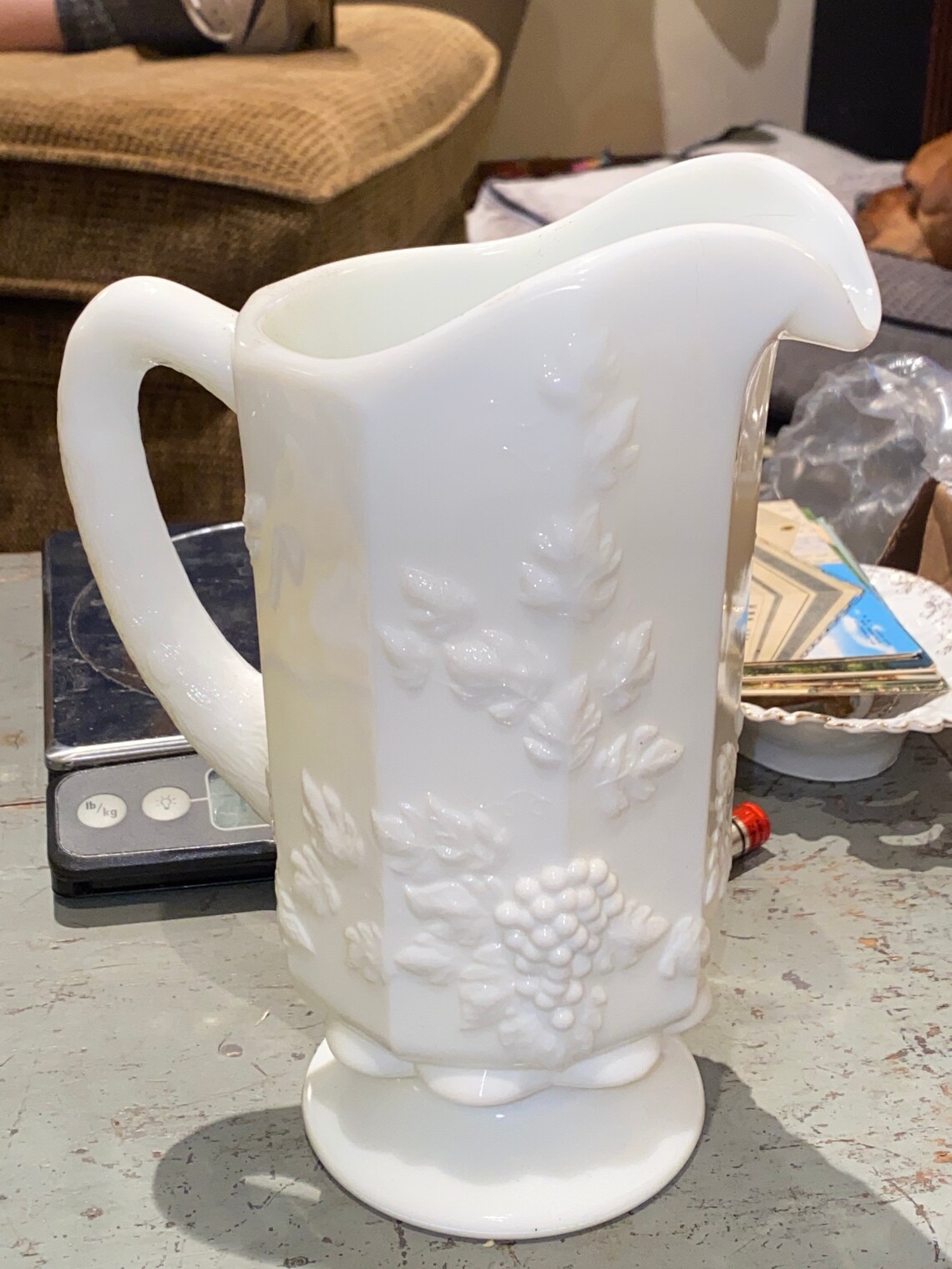 Stunning Antique 9 Milk Glass Pitcher With Grapes Etsy