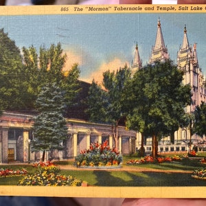 Lindo cartão postal de linho antigo do Tabernáculo e Templo Mórmon, Salt Lake City em Utah