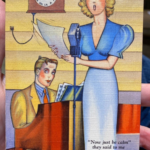 Fabulous Antique Linen Postcard of a Beautiful Singing Blonde Woman with Victory Rolls for Radio