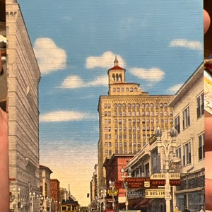 Carte postale en lin antique cool de Broadway dans le centre-ville de San Diego, Californie