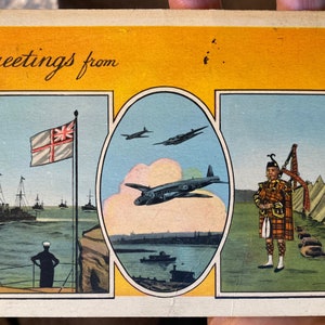 Lindo cartão postal colorido antigo de saudações de Ottawa, Canadá, com navios militares e aviões de guerra, 1942