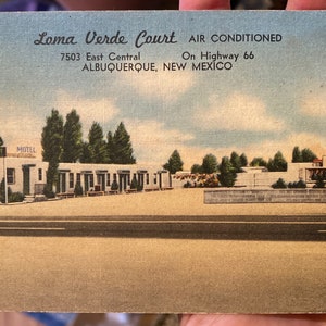 Wunderschöne Antike Leinen Postkarte von Lama Verde Court in Albuquerque, New Mexico