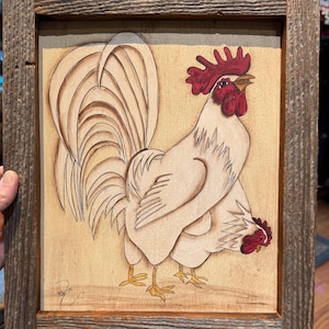 Fabulous Rustic Folk Art Handpainted Farm House Rooster and Chicken Framed Picture