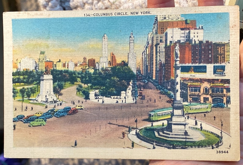 Beautiful Antique Linen Postcard of Columbus Circle in New York
