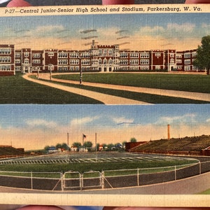 Lindo cartão postal antigo da Central Junior Senior High School e do estádio em Parkersburg, West Virginia