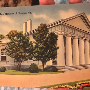 Fabuloso cartão postal antigo de linho da mansão Custis-Lee em Arlington, Virgínia, por volta de 1930