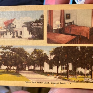 Encantadora postal de lino antiguo de White Sails Motor Court en Crescent Beach, Carolina del Sur