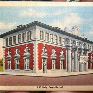 Coole Antike Leinen Postkarte vom USO Building in Evansville, Indiana
