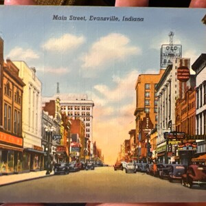 Carte postale en lin antique cool de Main Street à Evansville, Indiana