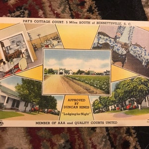 Leinen Postkarte von Pat es Cottage Court in Bennettsville, South Carolina Duncan Hines