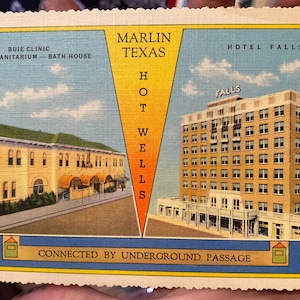 Wunderschöne Antike Leinen Postkarte von Marlin, Texas Hot Wells Buie Clinic Sanitarium und Hotel Falls