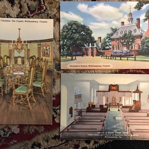 3 belles cartes postales en lin antique du palais du gouverneur à Williamsburg, Virginie