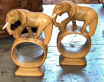 Pair of Handcarved Vintage Wooden African Elephant Napkin Ring Holders