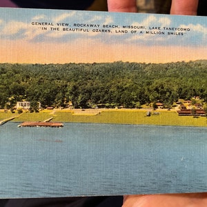 Encantadora postal de lino antiguo Rockaway Beach, Lake Taneycomo, Ozarks, Missouri