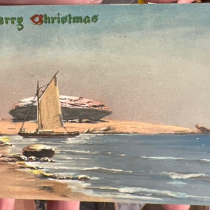 Cool Antique Christmas Postcard of a Schooner in Bay "A Merry Christmas" da Herman Station, Maine nel 1909