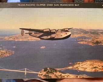 Badass Antique Linen Postcard of Trans-Pacific Clipper over San Francisco Bay, San Francisco, California