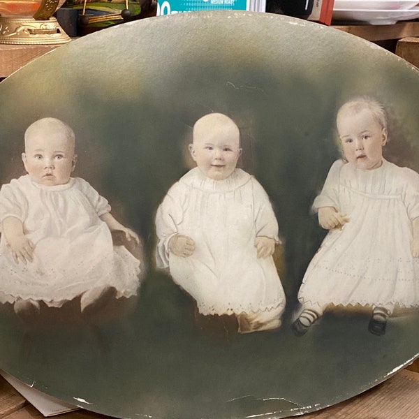 Fantastic Huge Convex Antique Hand Tinted Photographs of Three Young Children