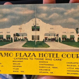 Lovely Antique Linen Postcard of Alamo Plaza Hotel Courts in Mississippi Texas Georgia and Oklahoma