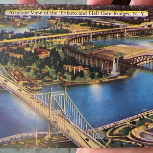 Belle carte postale antique de linge de l’avion vue des ponts de Triborough et de barrière de l’enfer à New York City