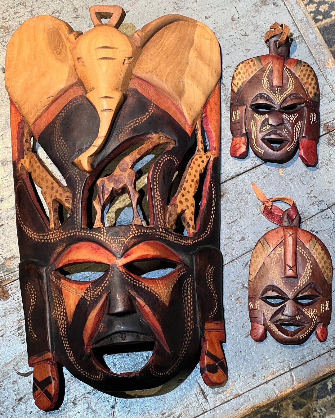 Three Amazing Handcarved Wooden Masks Wall Hanging From Africa With