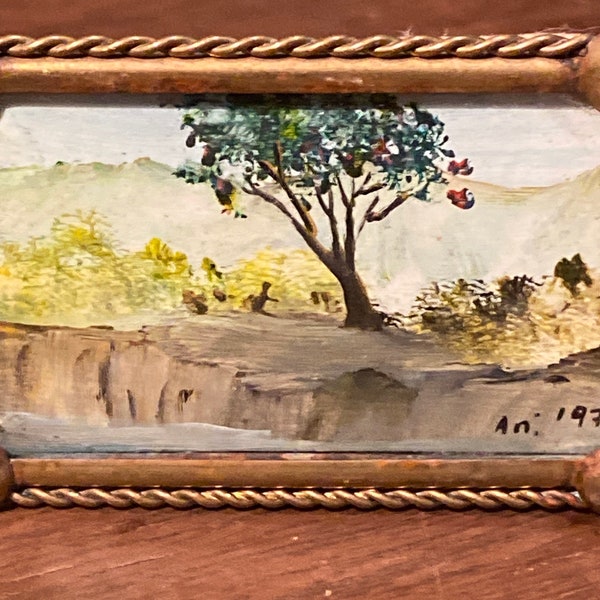 Beautiful Miniature Original Landscape Painting with Glass And Brass Frame 2-3/8” x 1-5/8”