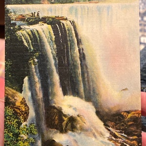 Lindo cartão postal de linho antigo de Horseshoe Falls da Goat Island em Niagara Falls
