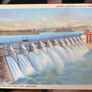Fabelhafte antike Leinen Postkarte von Remmel Dam und Elektro-Kraftwerk im Hot Springs National Park in Arkansas