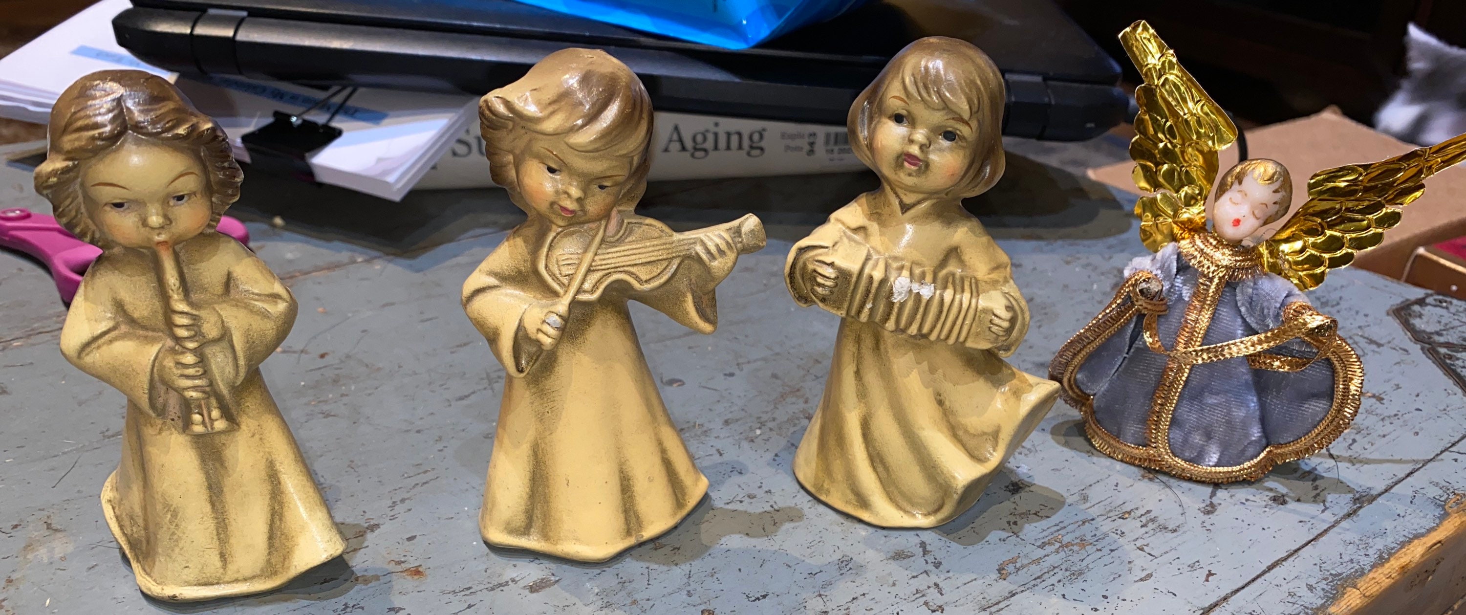 Lot of Vintage Antique Christmas 3 Chalkware Band Angels & Koestel