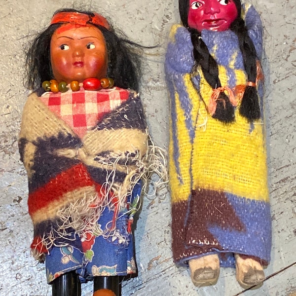 Two Darling Antique Little Native American Indian Skookum Dolls Bully Good