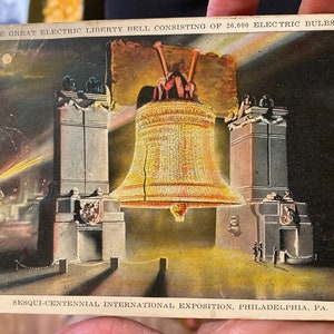Coole Antike Leinen Postkarte von The Great Electric Liberty Bell bestehend aus 26.000 Elektrischen Glühbirnen Sesquicentennial International Exposition