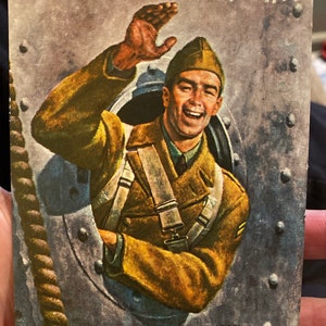 Carte postale antique Badass « Alors nous nous reverrons, mais plus d’obligations de guerre », Département du Trésor américain, Personnel d’épargne de guerre, Seconde Guerre mondiale
