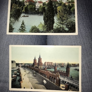 Zwei wunderschöne kolorierte Antike Postkarten von Berlin Oberbaumbrucke und Kolonie Grunewald Konigssee, Deutschland