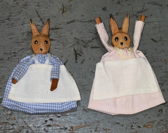 Darling Pair of Rare Vintage German Lotte Sievers Handcarved Wooden Girl Bunnies Rabbits in Dresses
