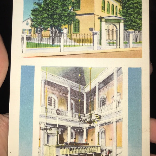 Lovely Antique Linen Postcard of the Interior and Exterior of the Oldest Synagogue in Newport, Rhode Island