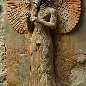 May include: A stone relief sculpture depicting a winged figure in profile, wearing a tall, textured crown and a long, pleated garment. The figure has a detailed beard, arm bands, and large, expansive wings extending from the shoulders.