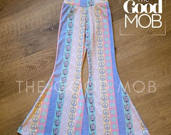 Toddler Girl 70s Bell Bottoms Pastel Colors: Peace and Love Knit Flare Pants