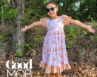 Retro Bus Print Dress: Handmade 70s Style Knit Twirl Dress