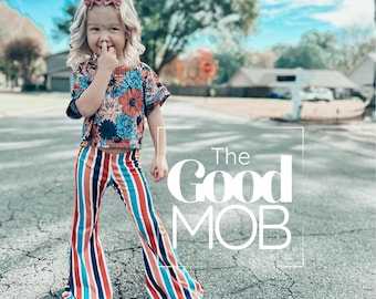70s Inspired Toddler Outfit: Floral Top, Striped Bell Bottoms Set