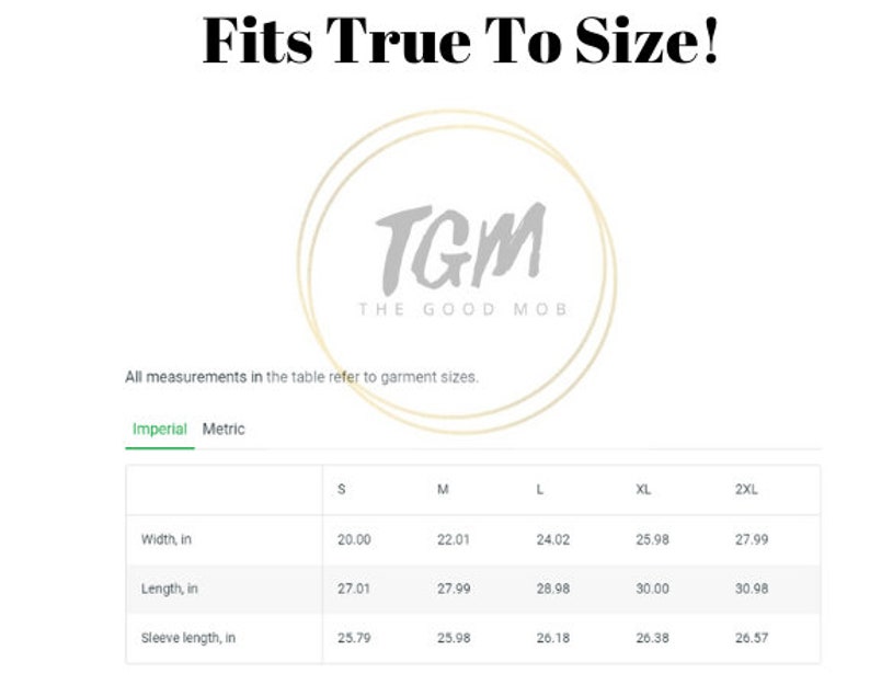 May include: Size chart for a t-shirt with measurements in inches for width, length, and sleeve length. Sizes include S, M, L, XL, and 2XL.