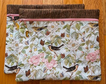 Pink Roses & Birds Quilted Cross-Stitch Project Bag
