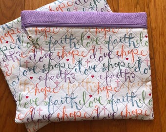 Bolsa acolchada para proyecto de punto de cruz "Fe, Amor, Esperanza"