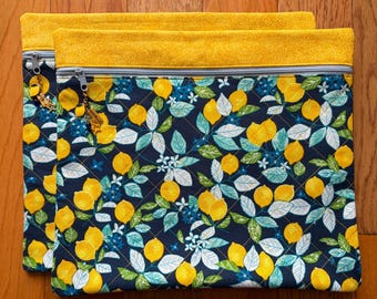 Bolsa para proyectos de punto de cruz acolchada con diseño de limón