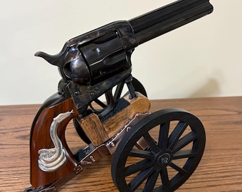 Cowboy Action 6 Shot Revolver Hand Cannon Display Stand With 4.5” Diameter Wood Wheels