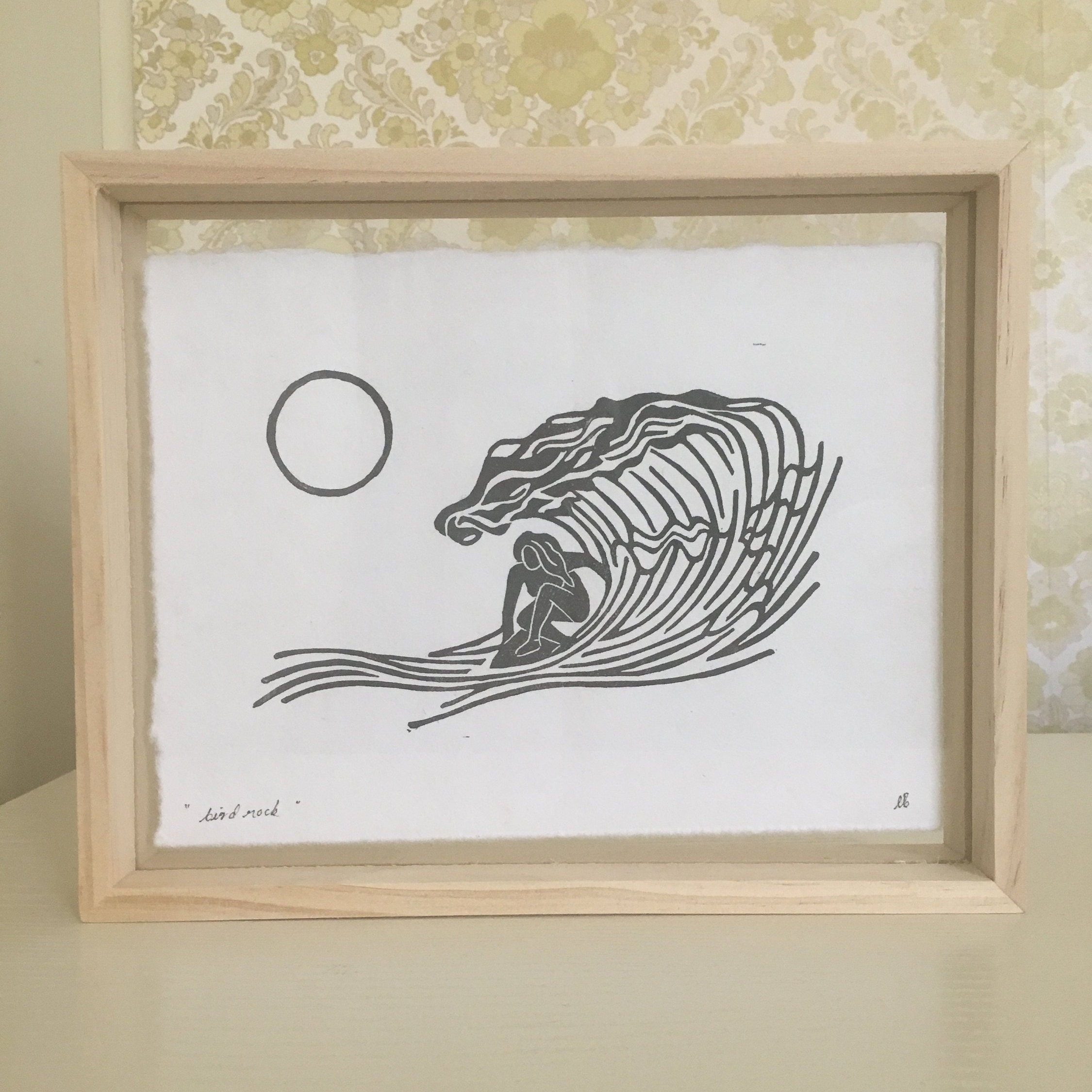 Bird Rock Linocut Lino Print Surf Surfer Girl Wave Etsy