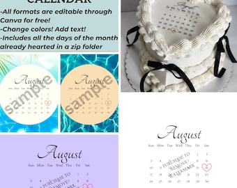 August 2025 Calendar For Cake Topper Heart Circle or Square Cake Burn away Cake Digital Download Only Editable