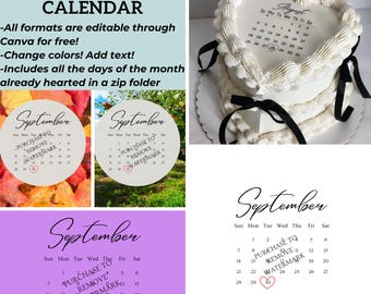 September 2025 Calendar For Cake Topper Heart Circle or Square Cake Burn away Cake Digital Download Only Editable Canva