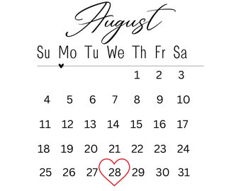 August 2024 Calendar For Calendar Heart or Circle or Square Cake Burn away Cake (Can Adjust Heart to change date selected!)