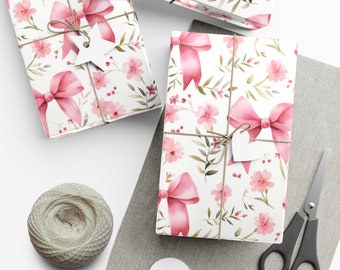 Wrapping Paper: Pink Bow & Flower | Gift Wrap | Birthday | Holiday | Baby Shower | Valentines